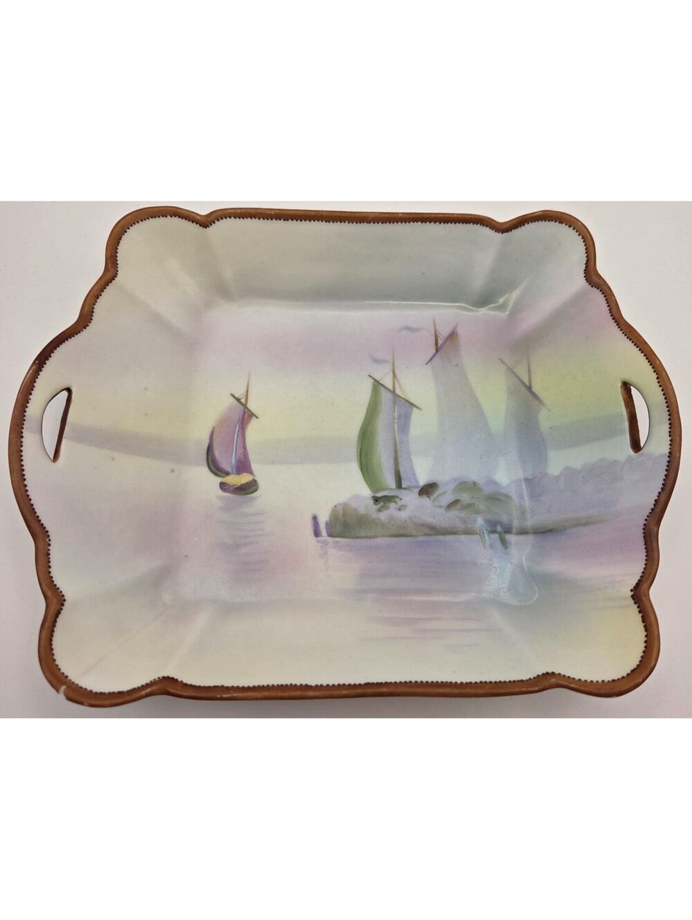 Antique Hand Painted Nippon Porcelain Vanity Tray Sailboat Scene Moriage Beaded
